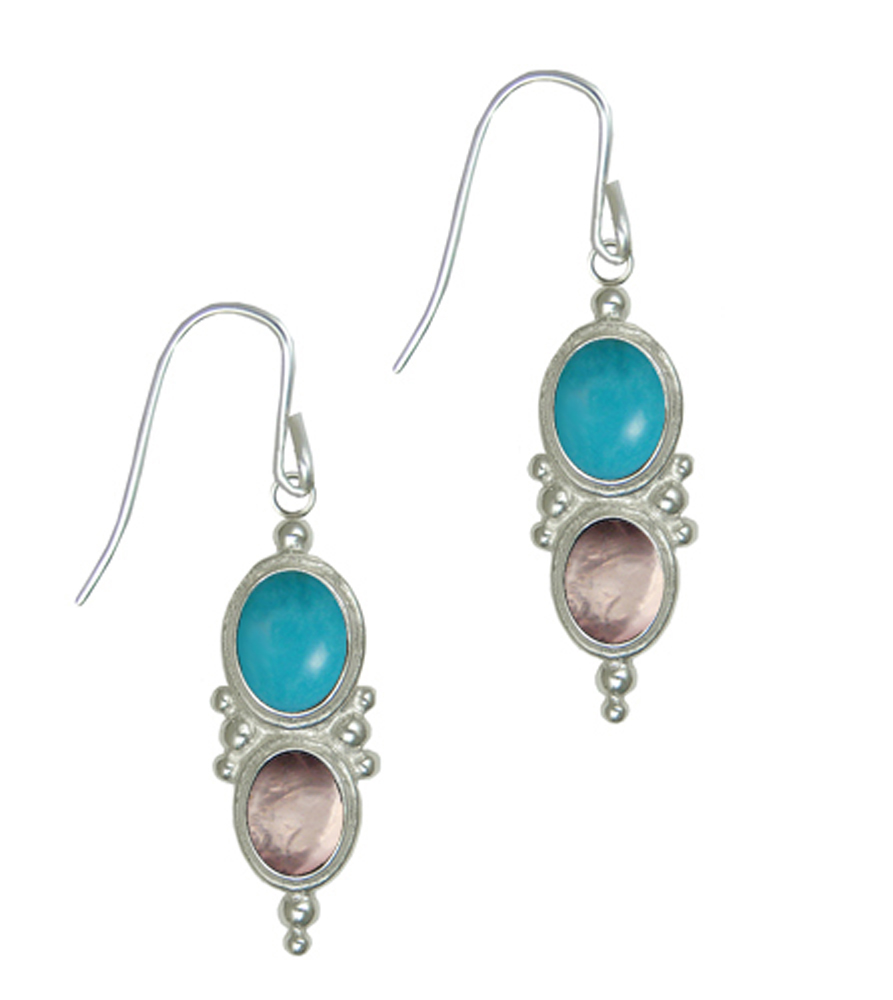 Sterling Silver Drop Dangle Earrings With Turquoise And Rose Quartz